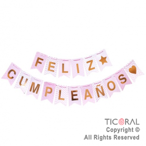BANDERIN FELIZ CUMPLEA�OS DISE�OS TONOS ROSA PASTEL x 1